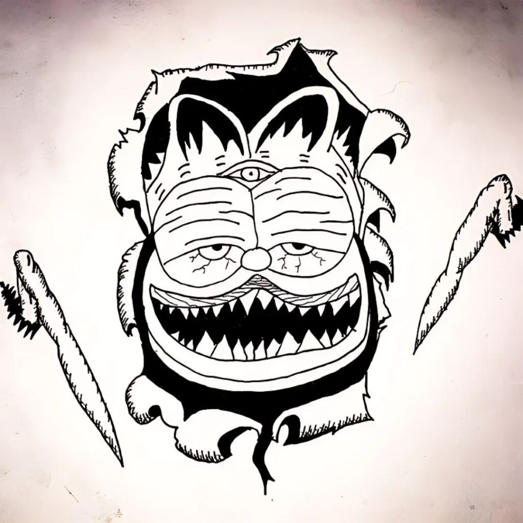 Horror art drawing of Gorefield, the evil Garfield
